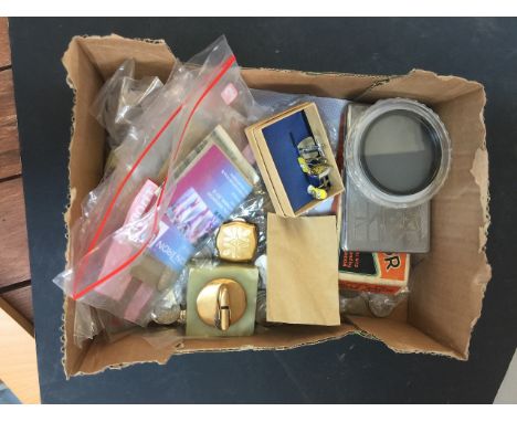 A BOX OF COINS, RAZOR, LIGHTER ETC    C