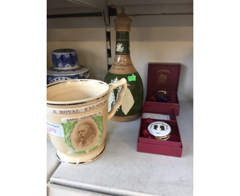 SPODE DECANTER, ROYAL DOULTON COMMEMORATIVE CUP AND PILL BOXES   C4