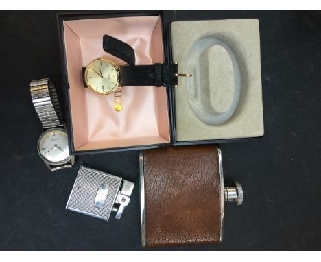 HIP FLASK, BULOVA WRISTWATCH AND ANOTHER, RONSON LIGHTER   C