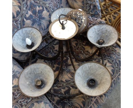 A METAL CEILING LIGHT FITTING WITH GLASS SHADES