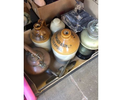 BOX WITH LANTERN, STONEWARE, COPPER KETTLE ETC.    T3