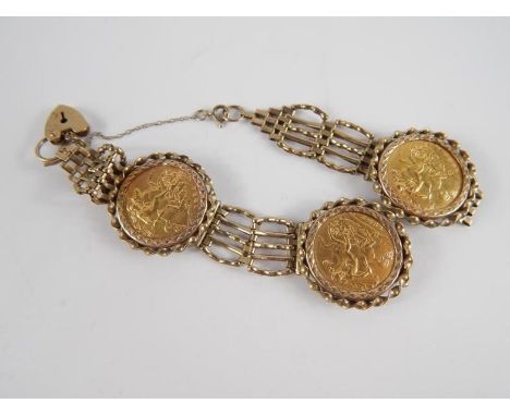 Three Elizabeth II half Sovereigns 1982 in a 9ct gold gate bracelet, with heart shaped padlock and safety chain, as fitted, 2
