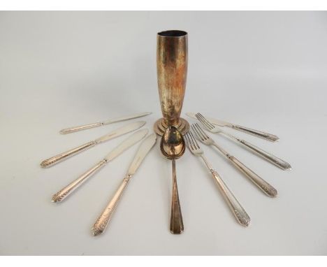 Cunard White Star Line plated wares, comprising an Art Deco vase, three Elkington fish knives and forks, a pair of bread kniv