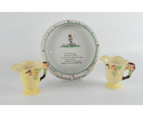 A Shelley Pottery Baby's Plate, circa 1930's, printed with Little Bo-Peep, printed mark, 20.5cm diameter, together with a pai