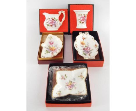 Royal Crown Derby porcelain tea and coffee wares, decorated in the Derby Posies pattern, together with trinket dishes, miniat