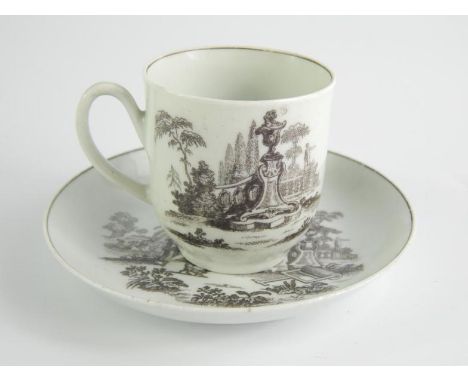 A First Period Worcester porcelain coffee cup and saucer, circa 1765, decorated in the L'Armour pattern.