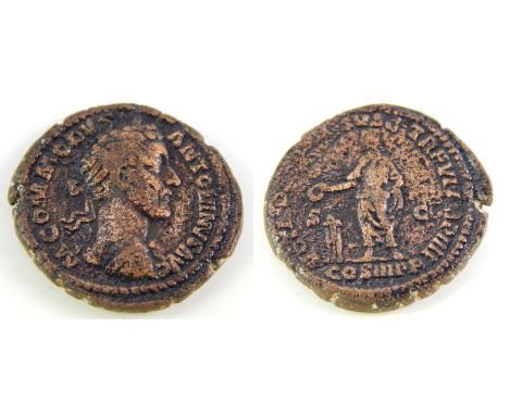 Sestertius Obv: MCOMMODVSANTONAVGPIVSBRIT - Laureate head right. Rev: VOTASVSCEPDECENTRPVIIIIIMPVII Exe: COSIIIIPP - Commodus