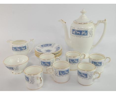 A Coalport porcelain part coffee service, decorated in the Revelry pattern, comprising coffee pot, cream jug, sugar bowl, six