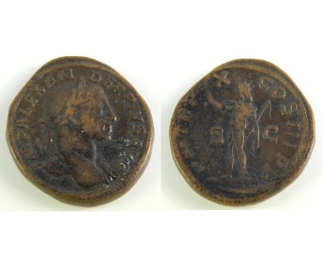 Sestertius Obv: IMPSEVALEXANDERAVG - Laureate head right, Rev: PMTRPXCOSIIIPP - Sol standing left, raising hand and holding w