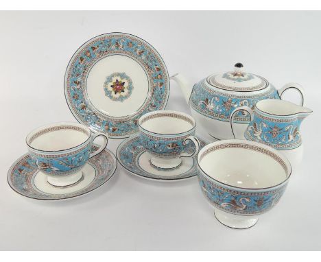 A Wedgwood porcelain tete-a-tete, decorated in the Turquoise Florentine pattern, comprising teapot, cream jug, sugar bowl, pa