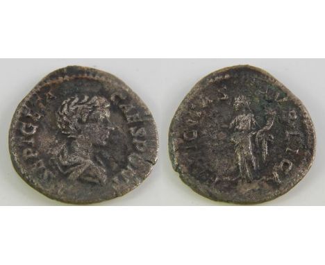 Denarius Obv: PSEPTGETACAESPONT - Bare-headed, draped bust right. Rev: FELICITASPVBLICA - Felicitas standing left, holding ca