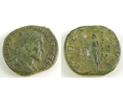 Sestertius Obv: IMPMAXIMINVSPIVSAVG - Laureate, draped and cuirassed bust right. Rev: PMTRPIICOSPP - Maximinus I standing lef