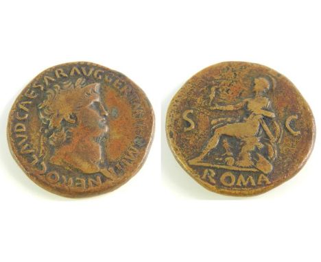 Sestertius Obv: NEROCLAVDCAESARAVGGERPMTRPIMPPP - Laureate head right, Rev: No legend Exe: ROMA - Roma seated left, holding V