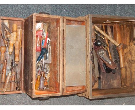 Victorian and later tools including planes, chisels, files and hammers, in two boxes.
