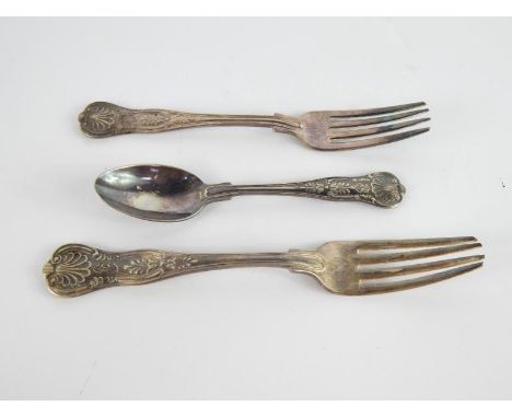 A WWII USN plated table fork, dessert fork and spoon decorated in the King's pattern, engraved with anchor, verso U.S.N.