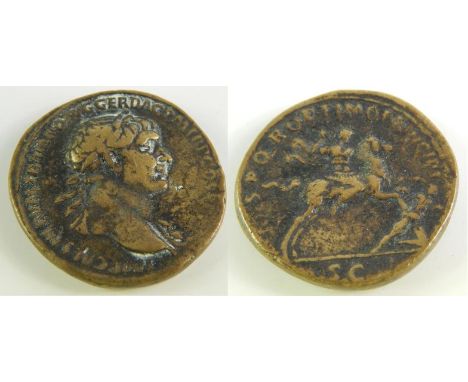 Sestertius Obv: IMPCAESNERVAETRAIANOAVGGERDACPMTRPCOSVPP - Laureate head right. Rev: SPQROPTIMOPRINCIPI Exe: SC - Trajan ridi