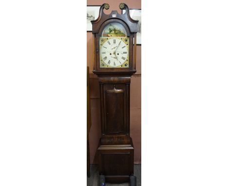 Scottish Mahogany Eight Day Longcase Clock by Joseph Perkins, circa 19th century, Having a painted dial with two subsidiary d