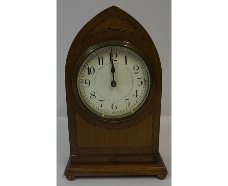 Edwardian Mahogany Lancet Shaped Mantel Clock, Having a white enamel dial with Arabic numerals, 22m high, with key