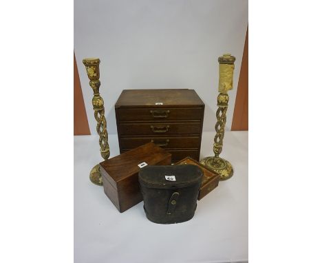 A Mixed Lot of Wood Items, to include a walnut tea caddy, four drawer collectors chest, also with a pair of papier mache cand