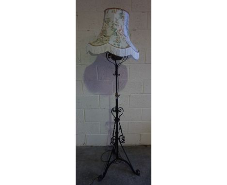 Wrought Iron Telescopic Floor Lamp, Converted from an oil lamp, with shade, 155cm high, fitted for electricity