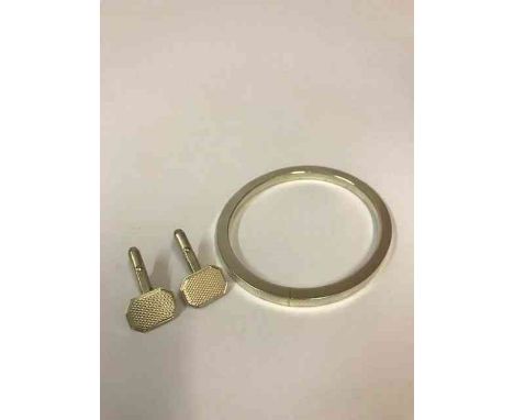 Silver Bangle, Stamped 925, internal dimensions 5.5cm diameter, also with a pair of silver cufflinks, stamped 925, overall we
