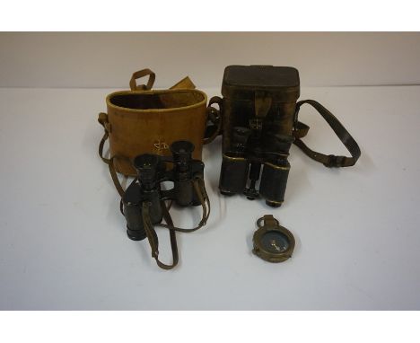 A Pair of WWI British Military Issue Binoculars, Having arrow stamp, 10cm high, with original case, also with a pair of WWII 