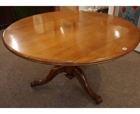 Victorian Mahogany Breakfast Table, Having a circular snap action top, Raised on a carved turned column, and tripod scroll le