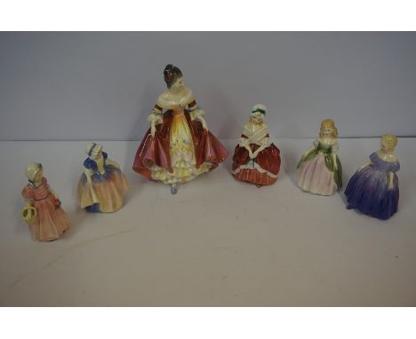 Six Porcelain Figures by Royal Doulton, Comprising of Southern Belle HN 2229, Dinky Do HN 1678, Tinkle Bell HN 1677, Peggy HN