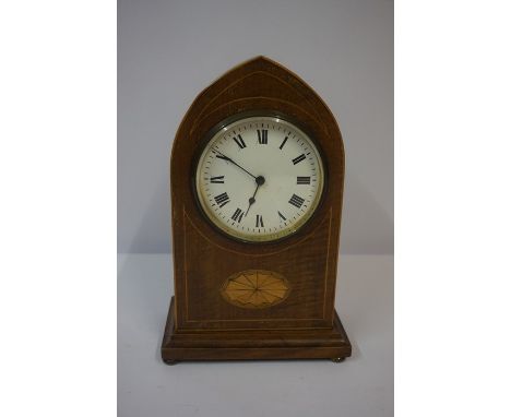 Edwardian Mahogany Inlaid Lancet Shaped Mantel Clock, 22.5cm high