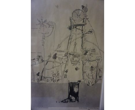 A Mixed Lot of Pictures, to include a print sketch by W. Heath Robinson, print by Louis Wain, wood cut, Lithograph of "Covent