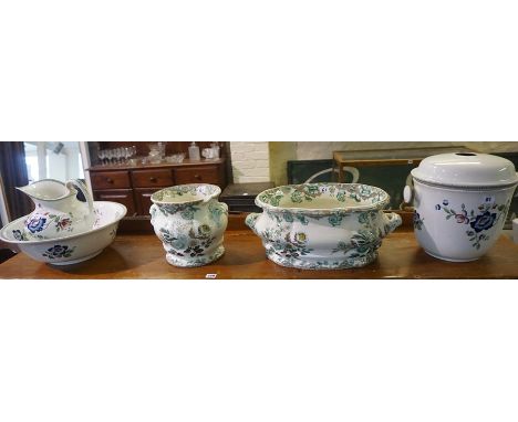 Three Pieces of Pottery Toilet Wares by Leighton, Comprising of ewer, basin and slop pail, also with two pieces of Victorian 