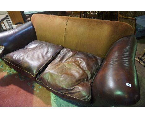 Ox Blood Leather and Velour Three Seater Sofa, 83cm high, 223cm wide  