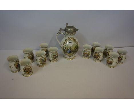 A German Ceramic Beer Stein by Rupert Schneider of Franklin Porcelain, 30cm high, also with twelve similr ceramic beer tumble