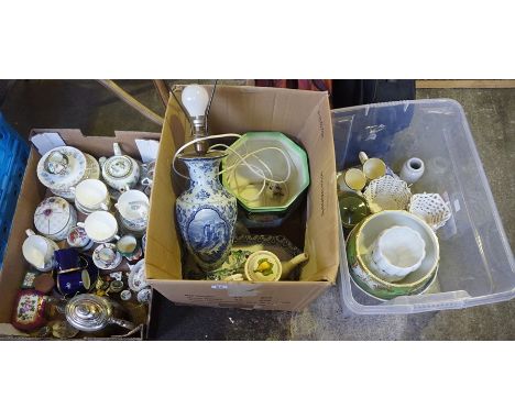 A Large Quantity of Porcelain and Pottery, to include a Royal Doulton jardiniere, patch boxes, tea wares by Minton and Longto