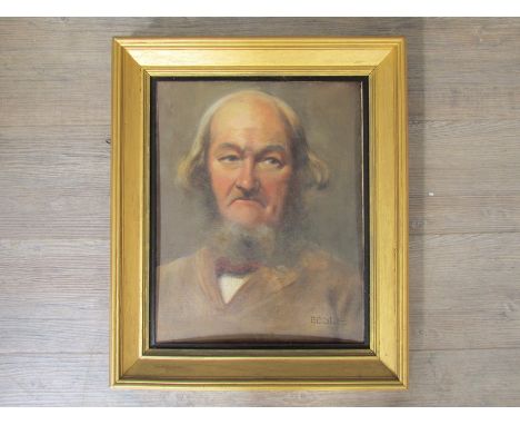 A late 19th early 20th Century oil on board portrait of a farmer in buff smock. Signed 'Eedle' bottom right. Set in a gilt fr