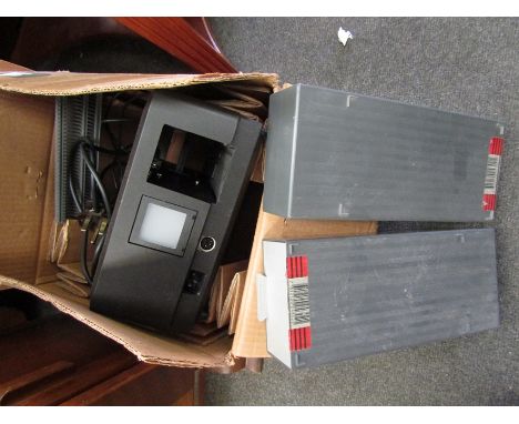 A Zeiss overhead projector, slide boxes and screen