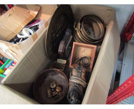 A box of assorted items including a trio of graduated brass pots, a copper pot, an Edwardian barometer, a ceramic horse with 