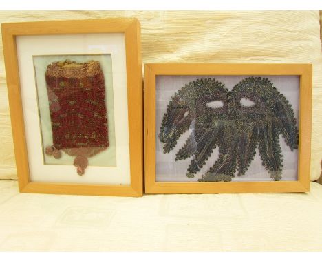 A framed embroidered textile masquerade mask and a bugle beadwork purse (2)