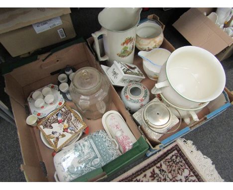 Two boxes of ceramics including two chamber pots and a wall tile depicting birds