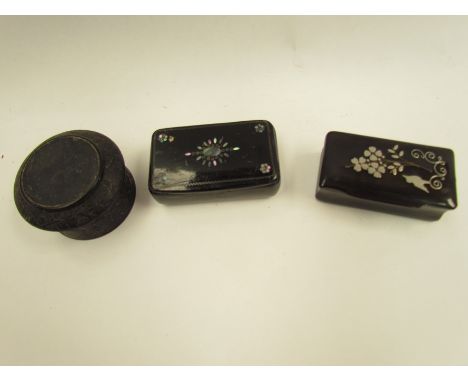 Two lacquered snuff boxes and an ebony patch box