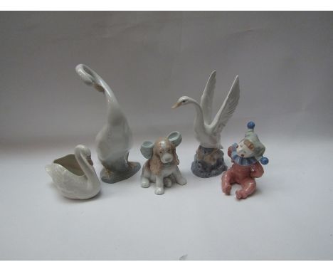 Five Nao figurines including swan, geese, clown, child and puppy