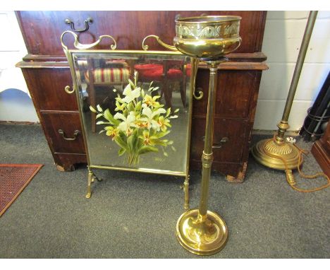 A brass jardiniere and Art Nouveau firescreen