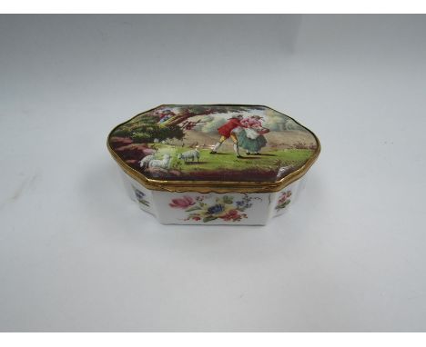 An enamel box decorated with a beau acosting a maid and flowers on all sides, hinged, 10cm x 5cm x 4cm
