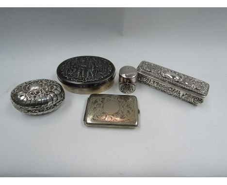 Five various 19th Century silver and plated trinket boxes, snuff, pin, patch