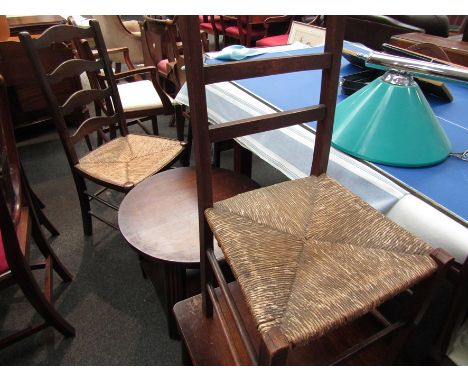 Two oak lamp tables and two oak rush seat chairs