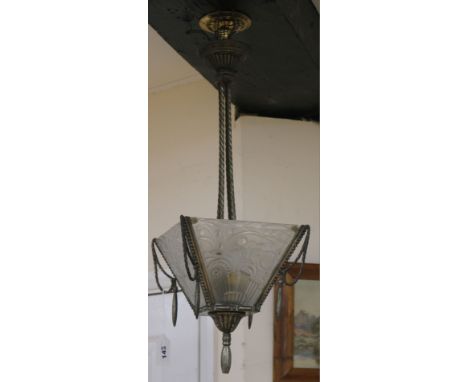 A silvered bronze ceiling light, with moulded shades