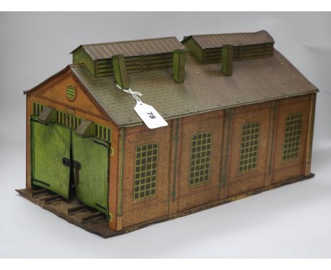 A Hornby twin engine shed tinplate, brickwork design