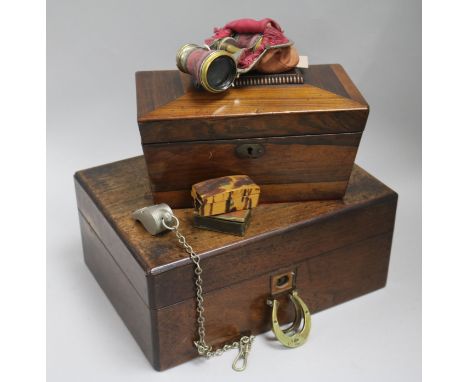 A writing box, tea caddy, Opera glasses and 2 snuff boxes etc