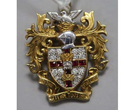 An 18ct gold, diamond and ruby set "Guild of Freeman of the City of London" brooch, 34mm, gross 16.8 grams.