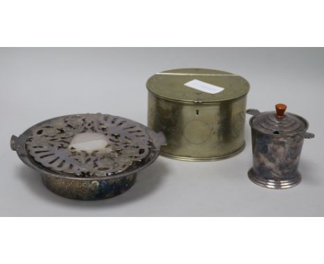 A quantity of plated wares: biscuit box, Art Deco jam pot and dish and teapot stand